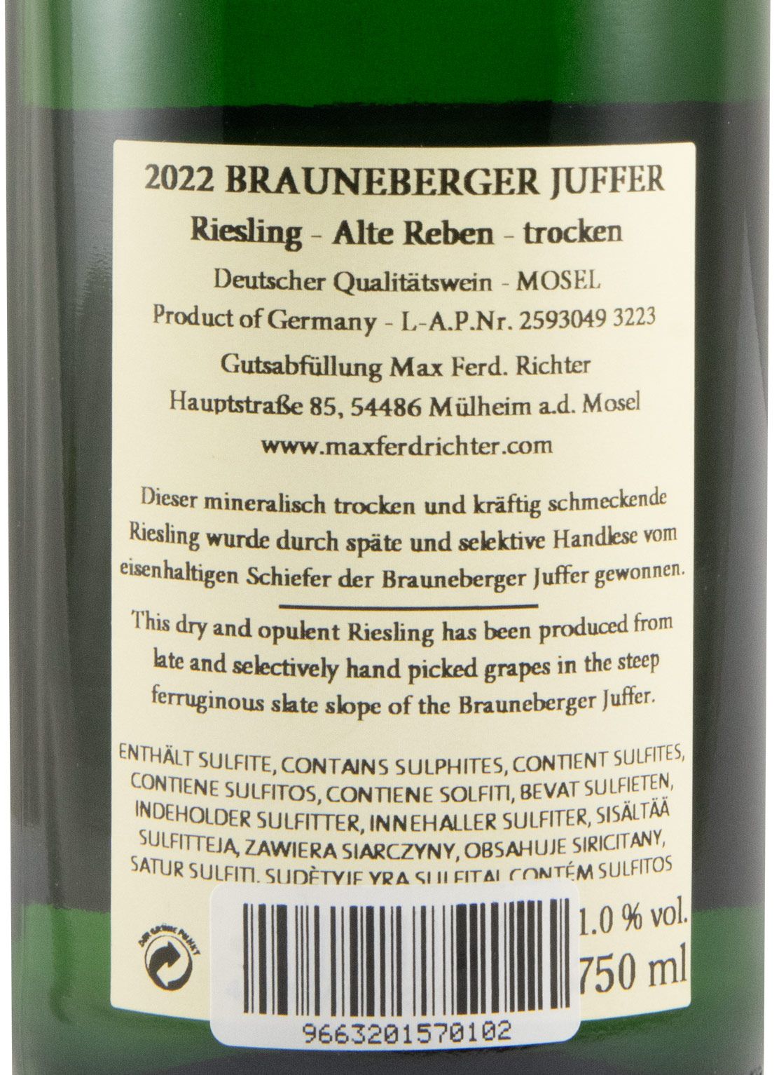 2022 Max Ferd. Richter Brauneberger Juffer Riesling Alte Reben Trocken branco