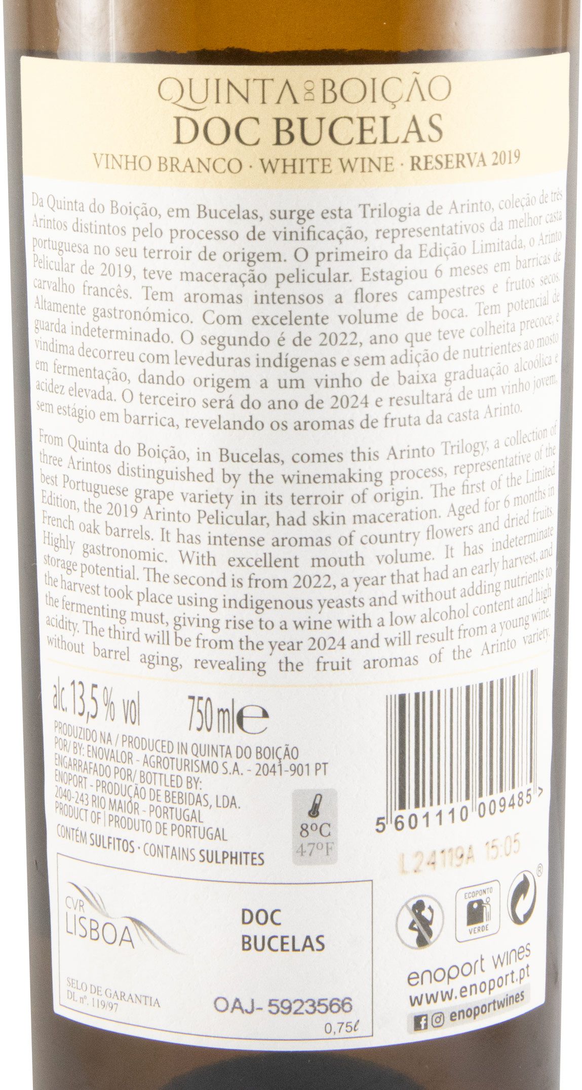 2019 Quinta do Boição Trilogia de Arintos Edição Pelicular branco