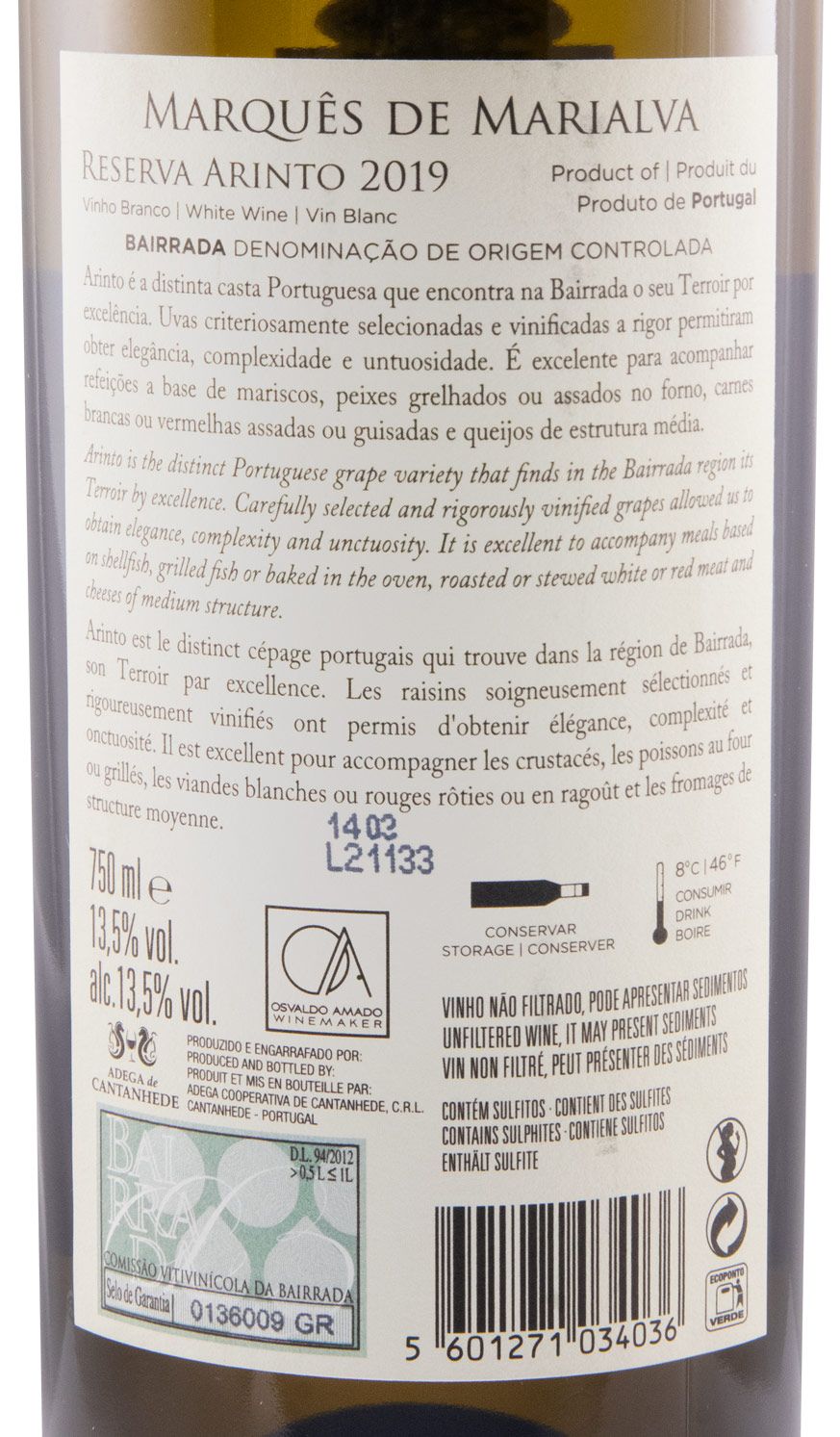 2019 Marquês de Marialva Arinto Reserva branco