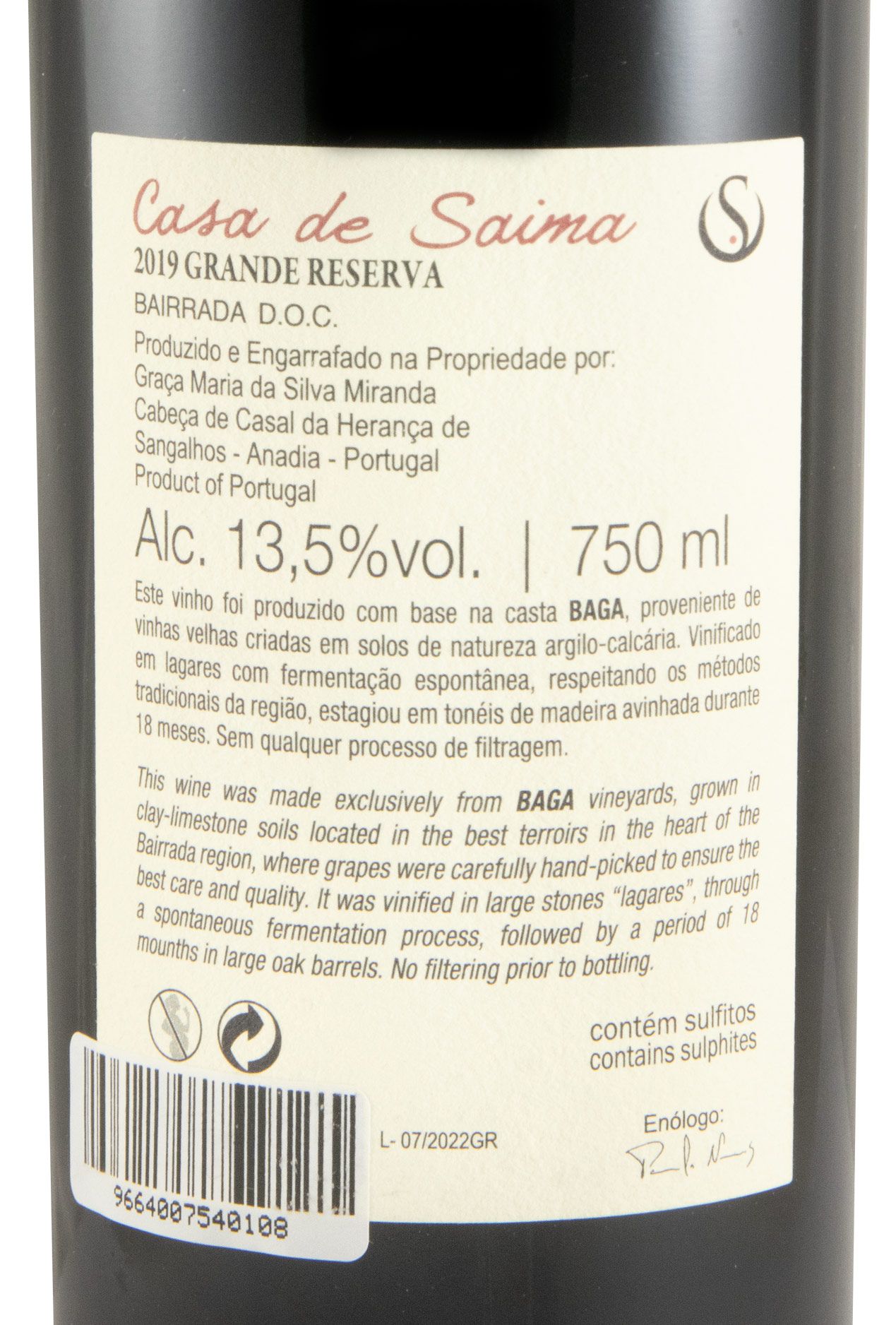 2019 Casa de Saima Grande Reserva tinto