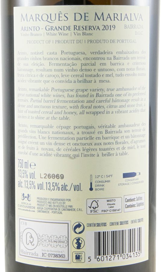 2019 Marquês de Marialva Arinto Grande Reserva branco