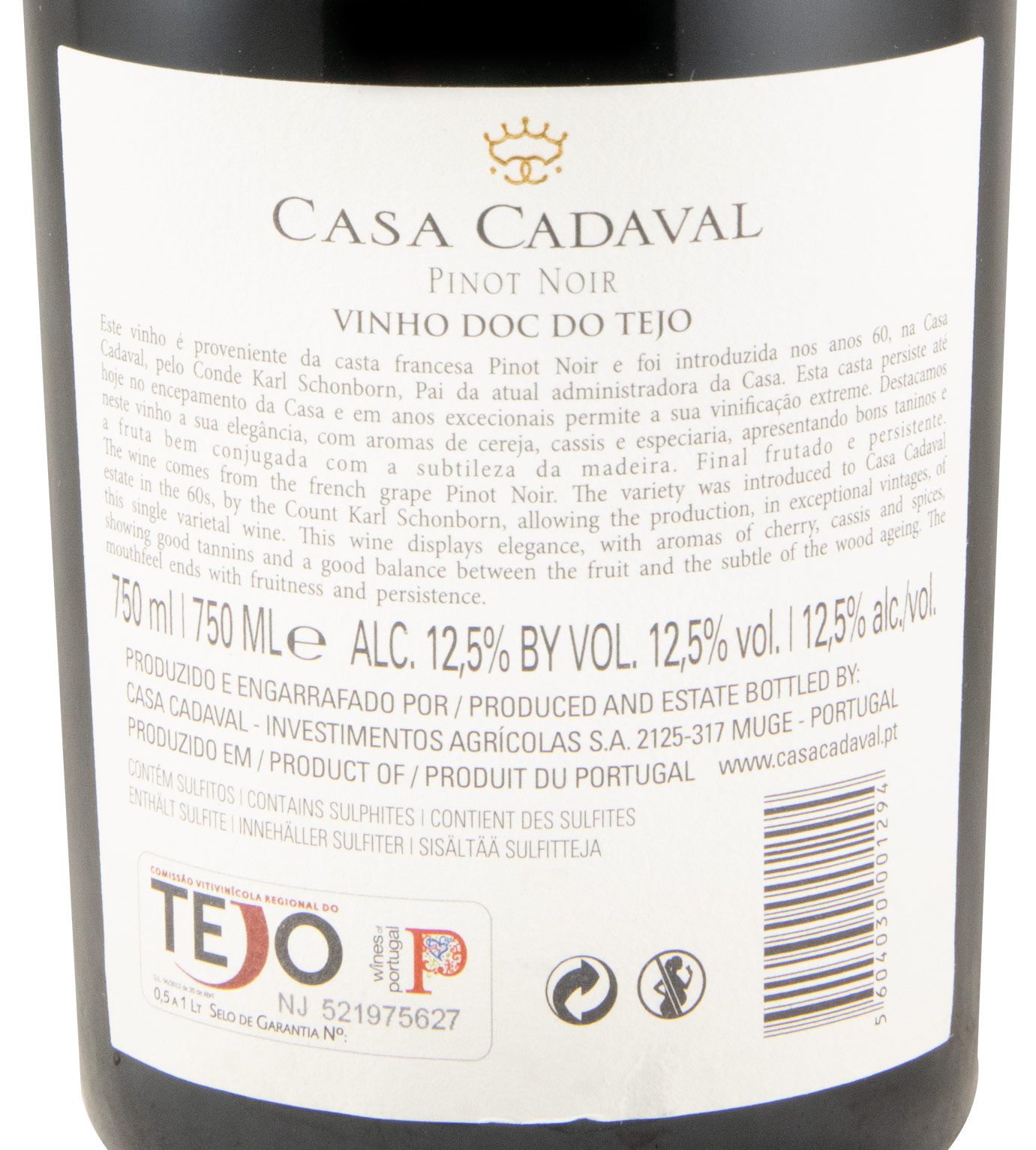 2022 Casa Cadaval Pinot Noir tinto (rótulo danificado)