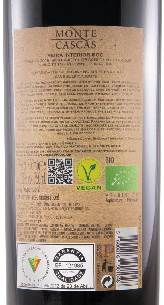 2018 Monte Cascas Reserva organic red
