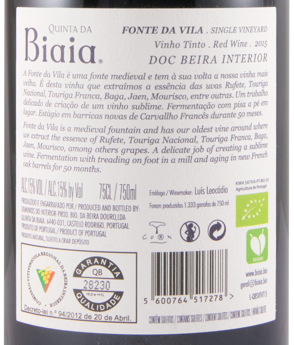 2015 Quinta da Biaia Fonte da Vila organic red
