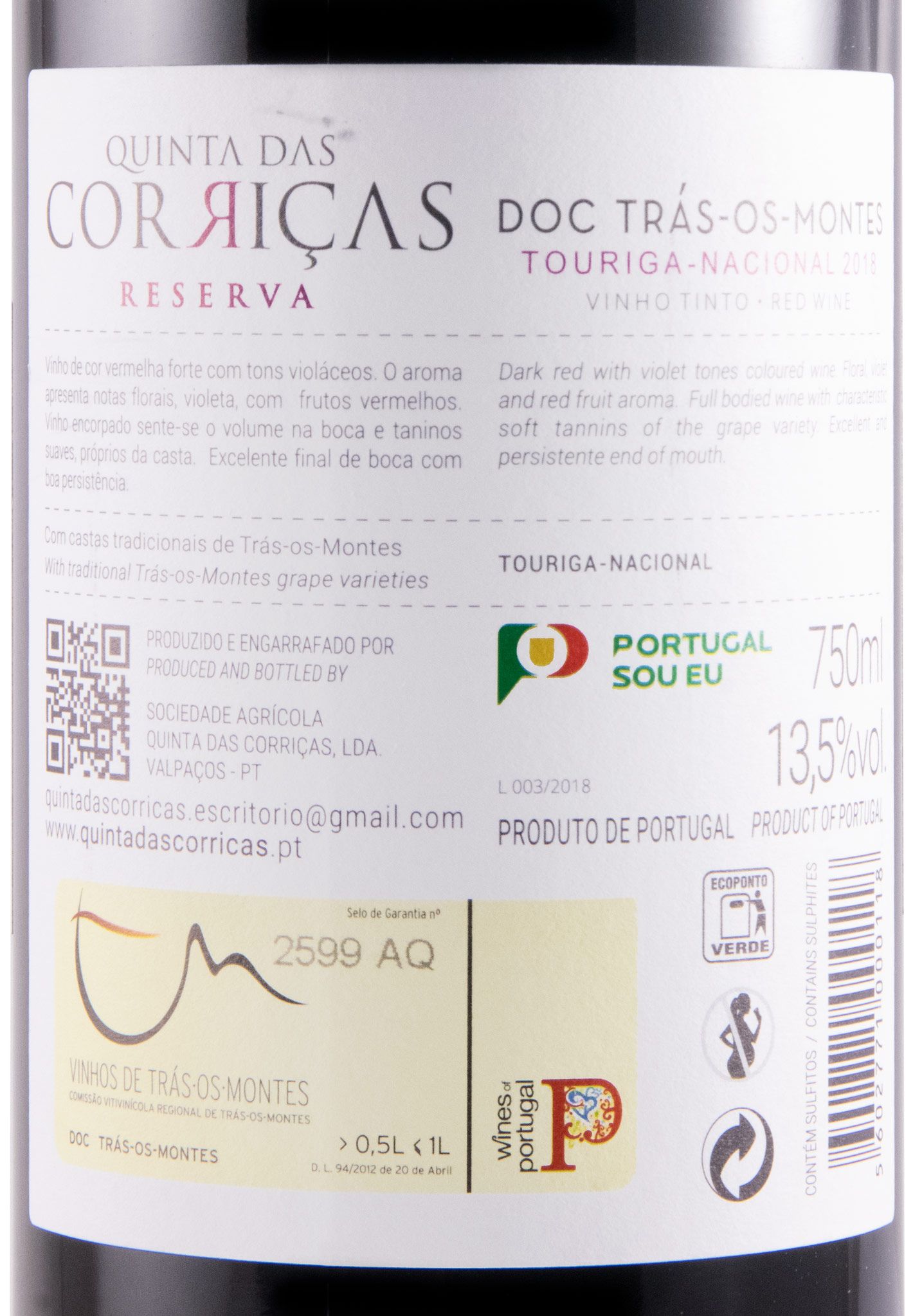 2018 Quinta das Corriças Touriga Nacional Reserva tinto
