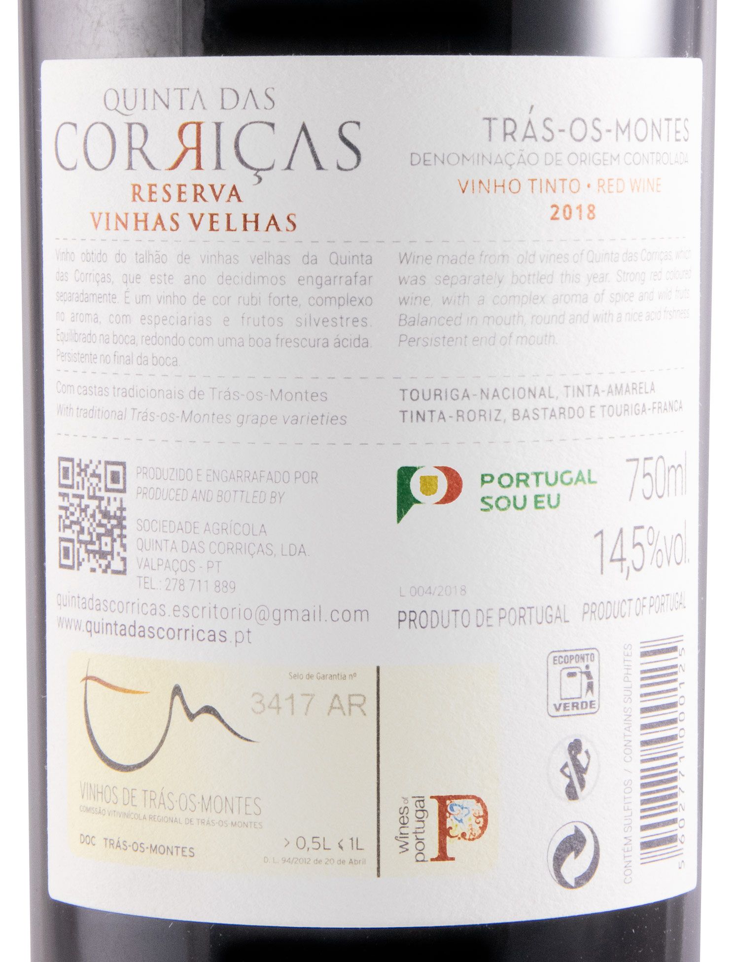 2018 Quinta das Corriças Vinhas Velhas Reserva red