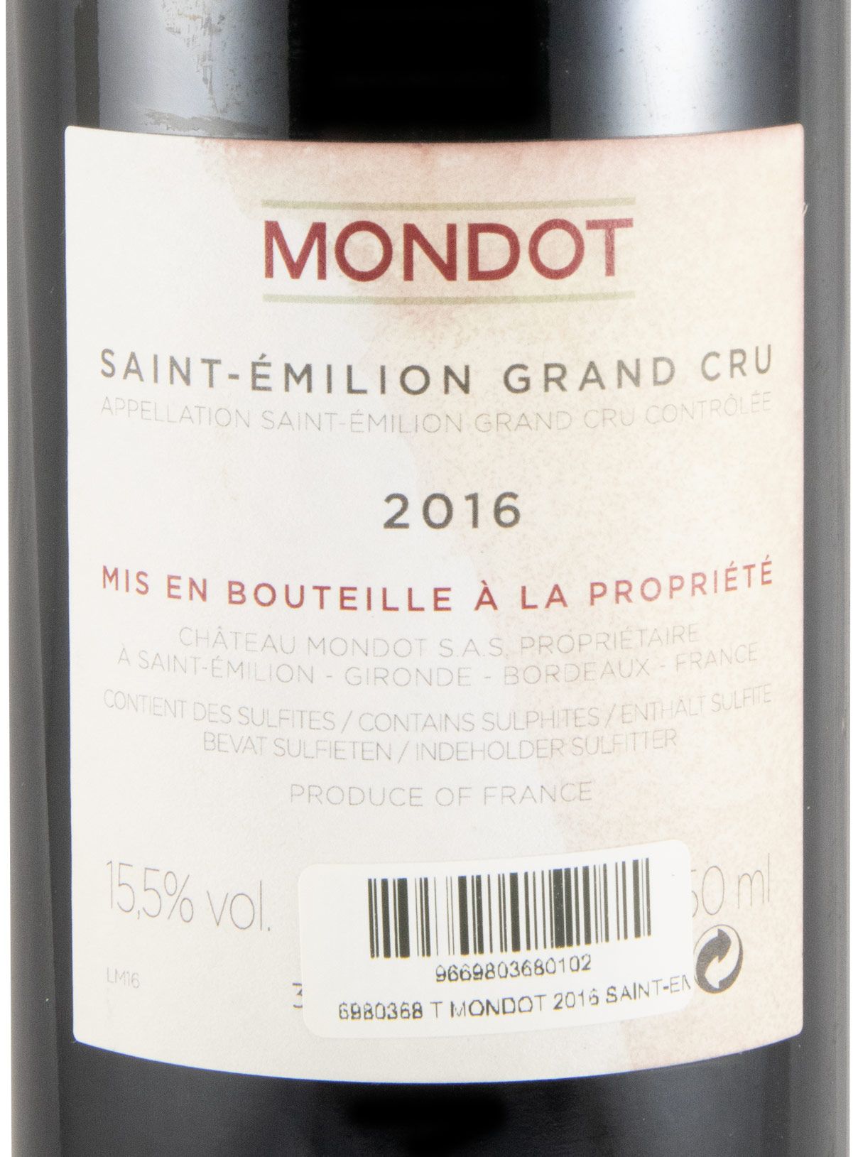 2016 Mondot Saint-Émilion tinto (rótulo danificado)