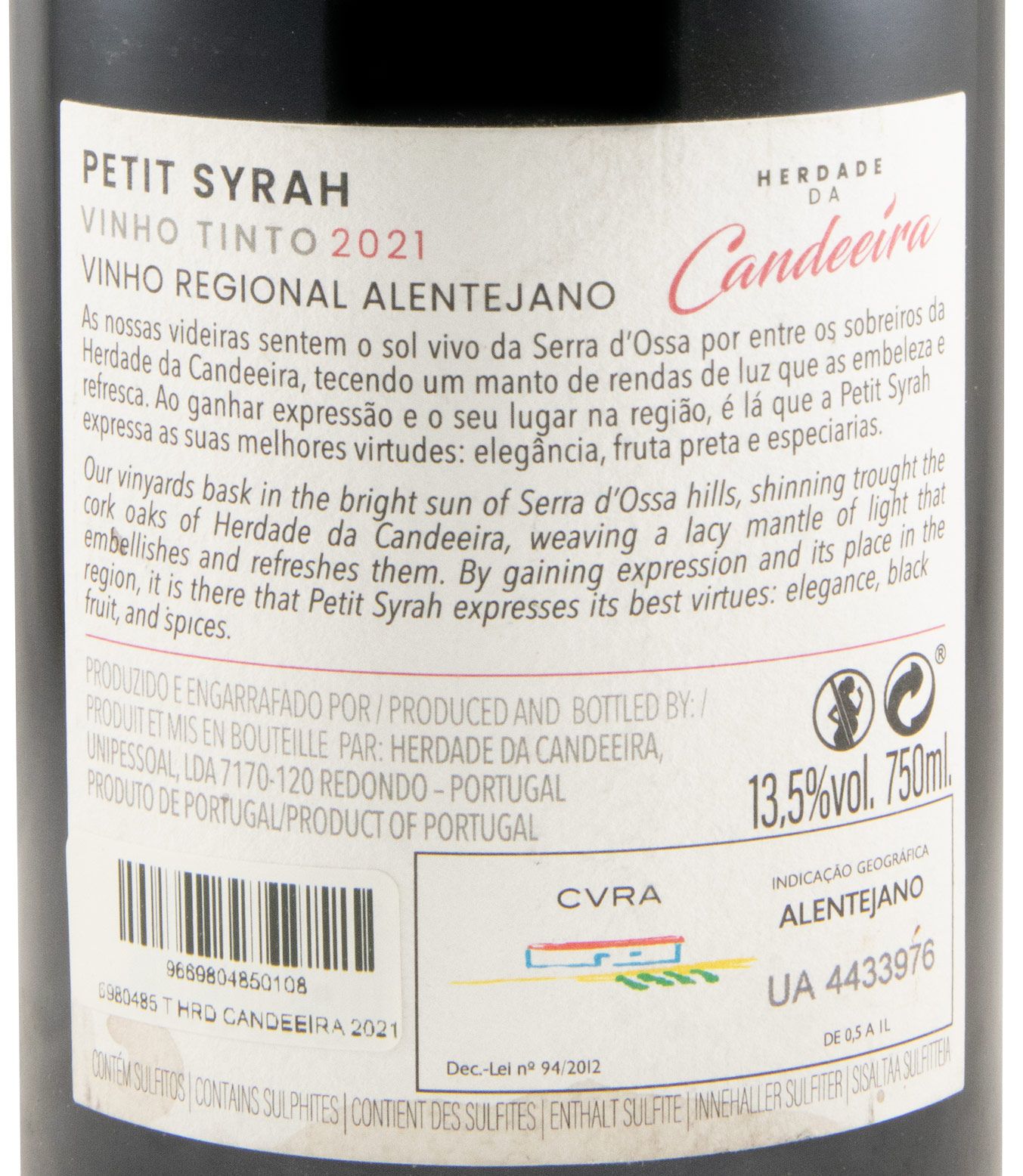 2021 Herdade da Candeeira Petit Syrah tinto (rótulo danificado)