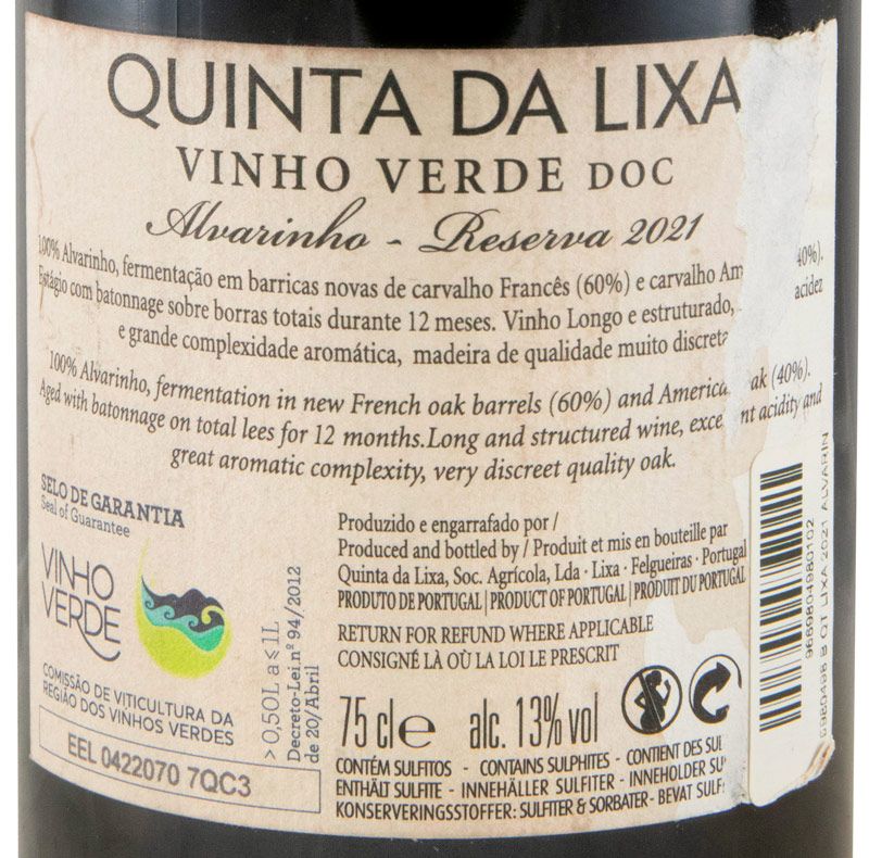 2021 Quinta da Lixa Alvarinho Reserva branco (rótulo danificado)