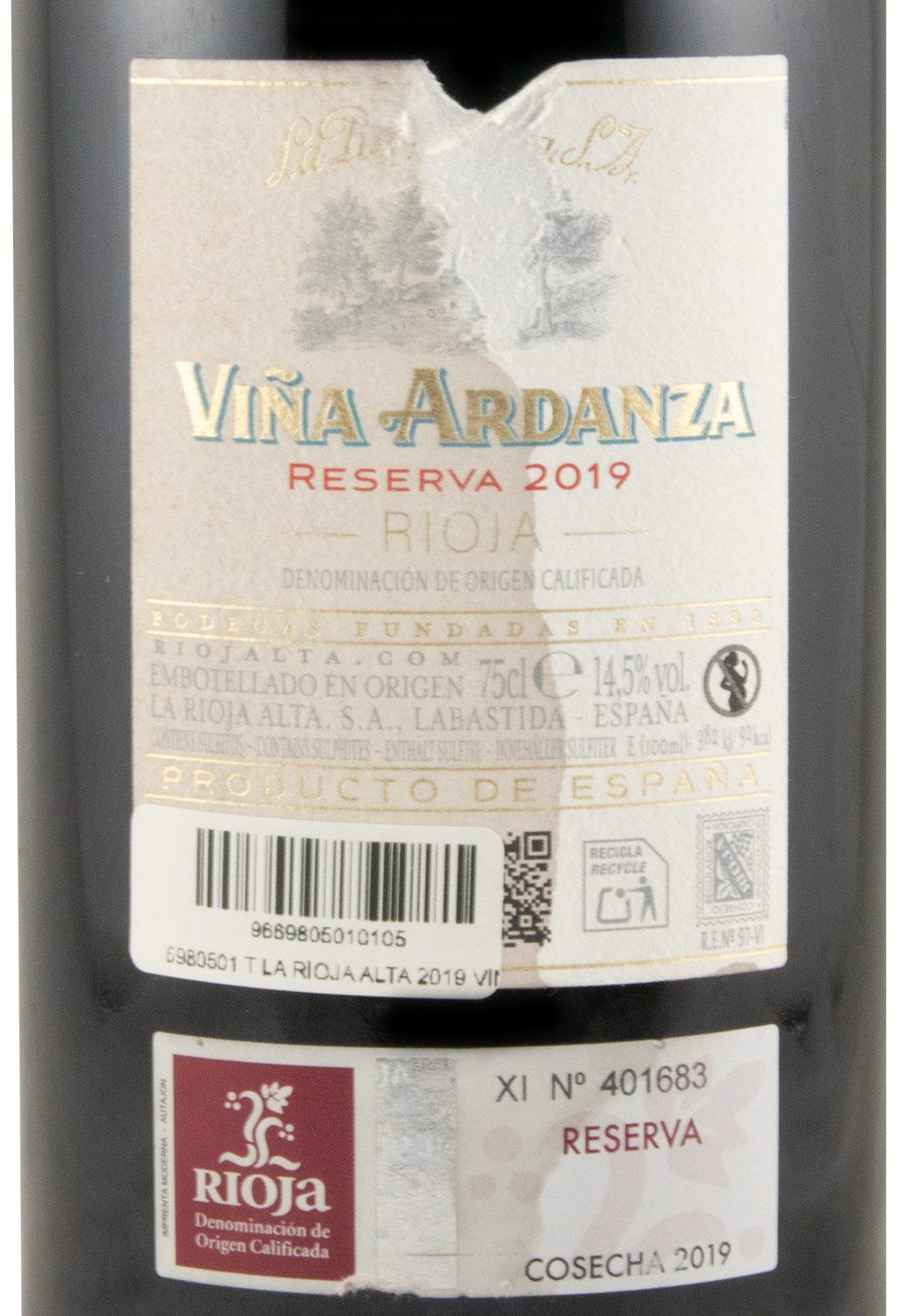 2019 La Rioja Alta Viña Ardanza Reserva tinto (rótulo danificado)
