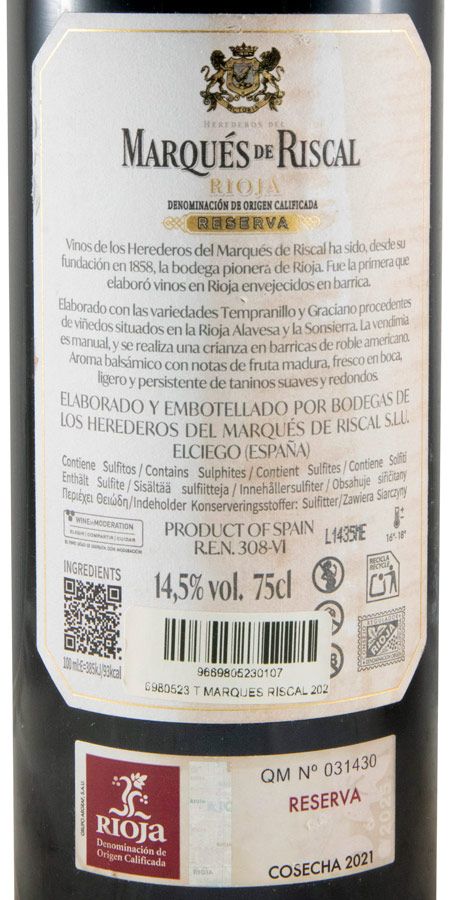 2021 Marqués de Riscal Reserva Rioja tinto (rótulo danificado)