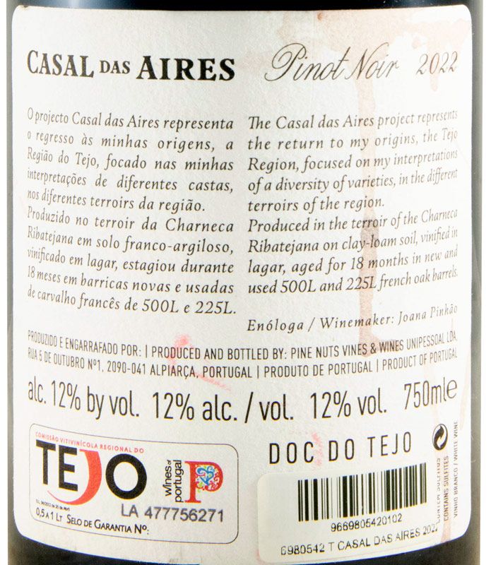 2022 Casal das Aires Pinot Noir tinto (rótulo danificado)