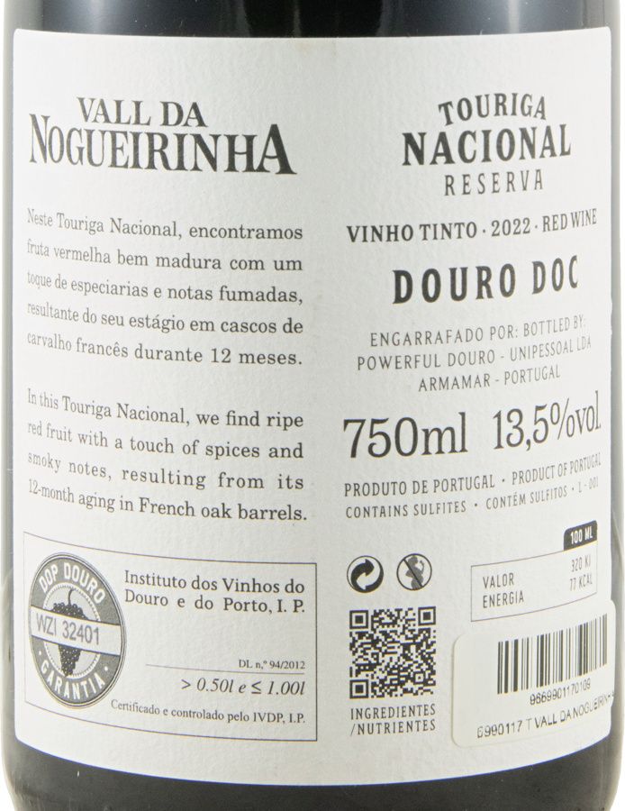 2022 Vall da Nogueirinha Touriga Nacional Reserva tinto (rótulo danificado)