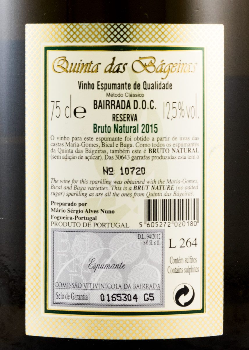 2015 Sparkling Wine Quinta das Bágeiras Bairrada Reserva Brut Nature