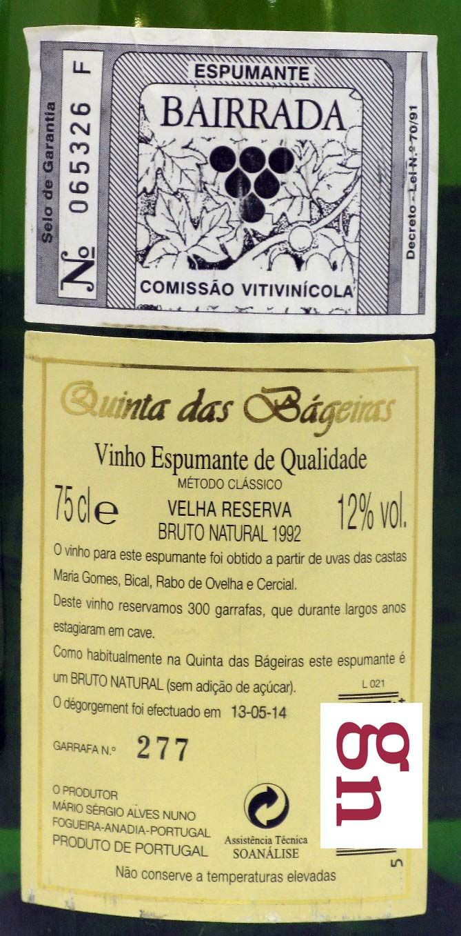 1992 Espumante Quinta das Bágeiras Velha Reserva Bruto Natural