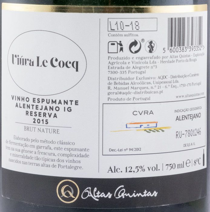2015 Espumante Altas Quintas Viúva Le Cocq Reserva Bruto Natural