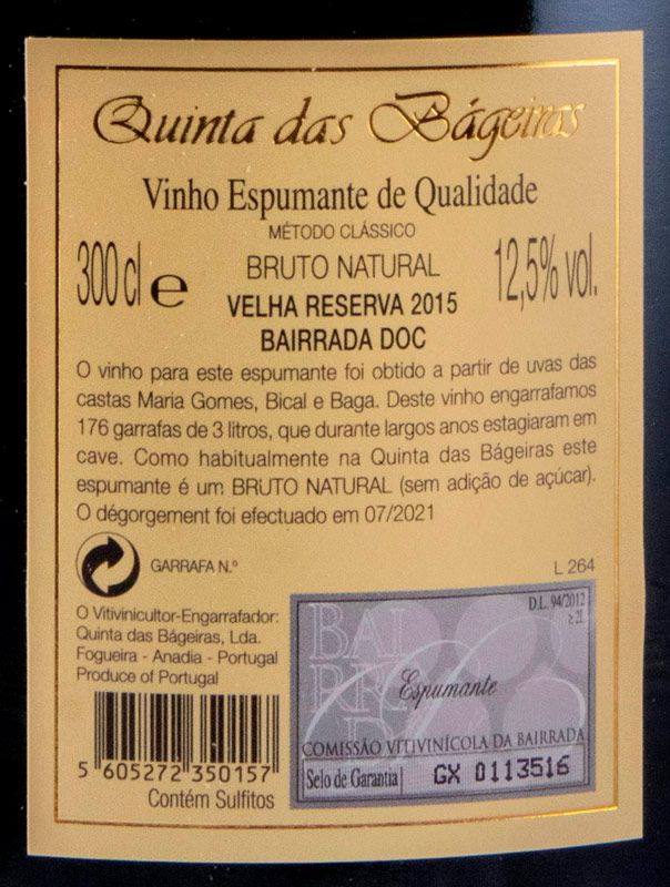 2015 Espumante Quinta das Bágeiras Velha Reserva Bruto Natural 3L