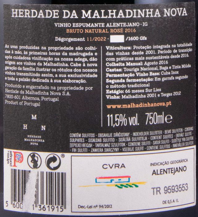 2016 Sparkling Wine Malhadinha Bruto Natural rosé