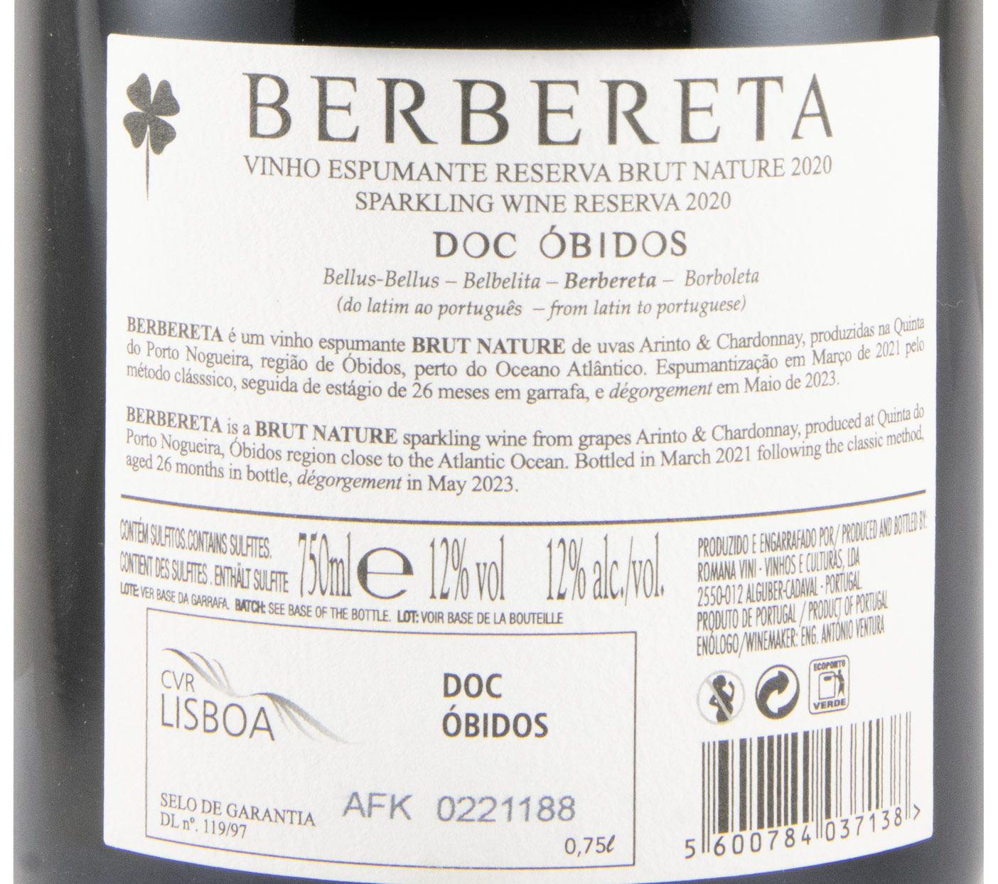 2020 Espumante Berbereta Reserva Bruto Natural