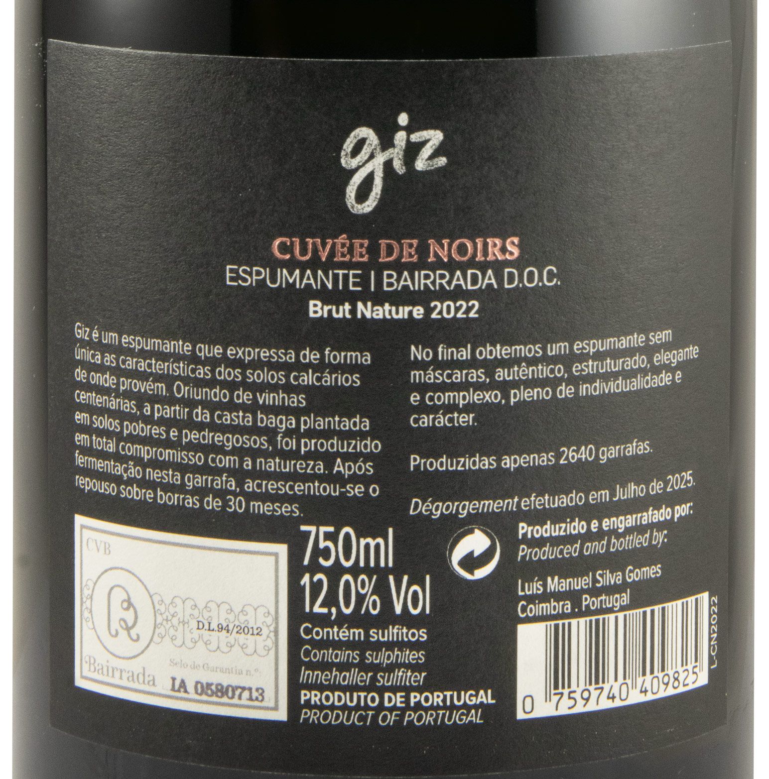 2022 Espumante Giz by Luís Gomes Cuvée de Noirs Bruto Natural