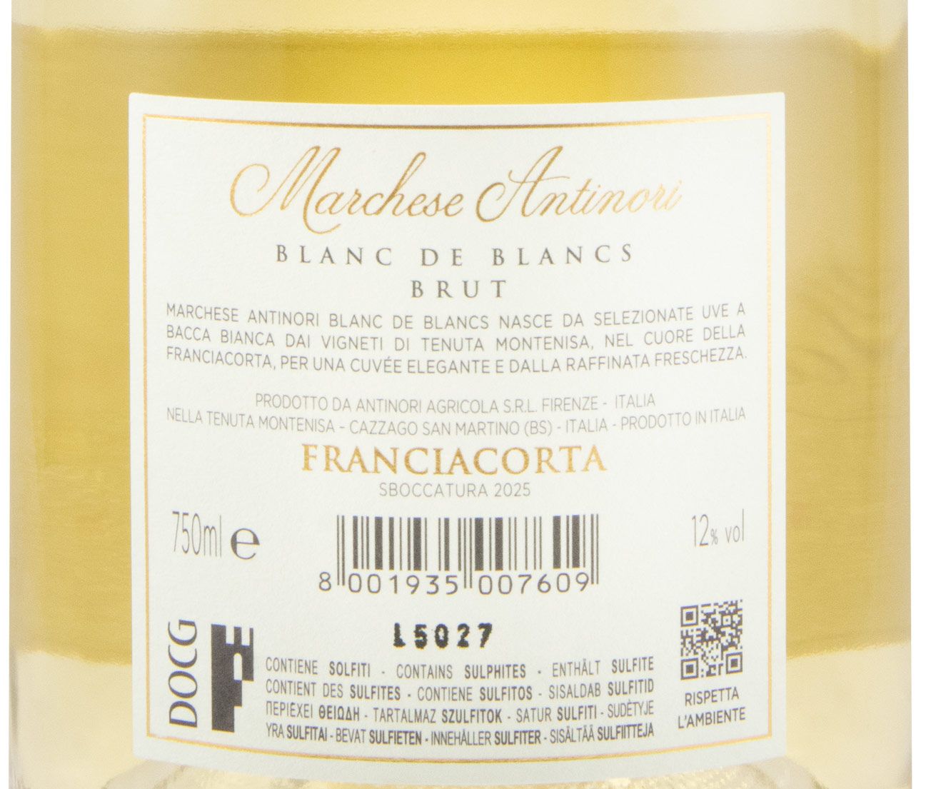 Espumante Marchese Antinori Blanc de Blancs Franciacorta Bruto (dégorgement em 2025)