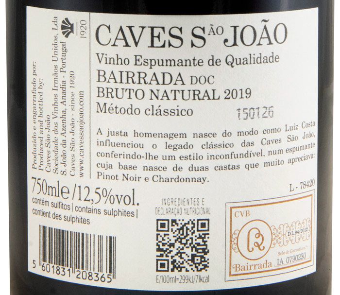 2019 Sparkling Wine Caves São João Homenagem a Luiz Costa Pinot Noir & Chardonnay Brut Nature