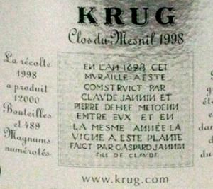 1998 Champagne Krug Clos du Mesnil Brut