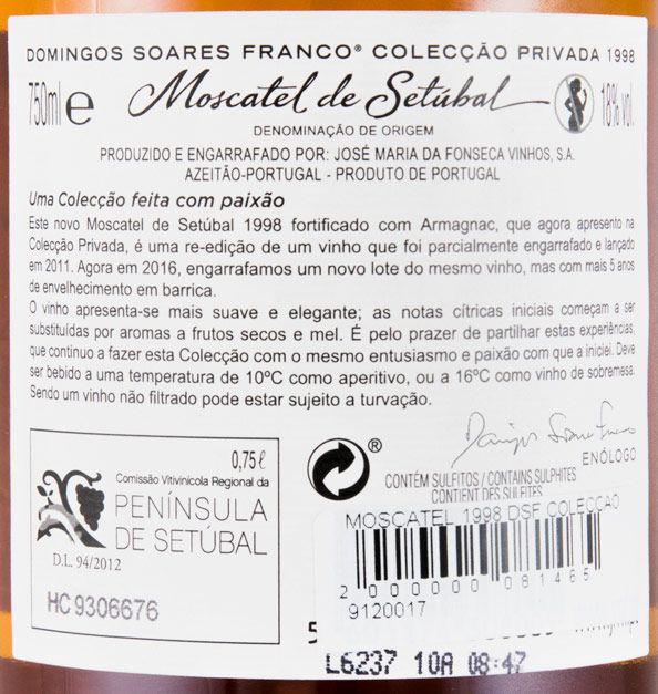1998 Moscatel de Setúbal Domingos Soares Franco Armagnac Colecção Privada