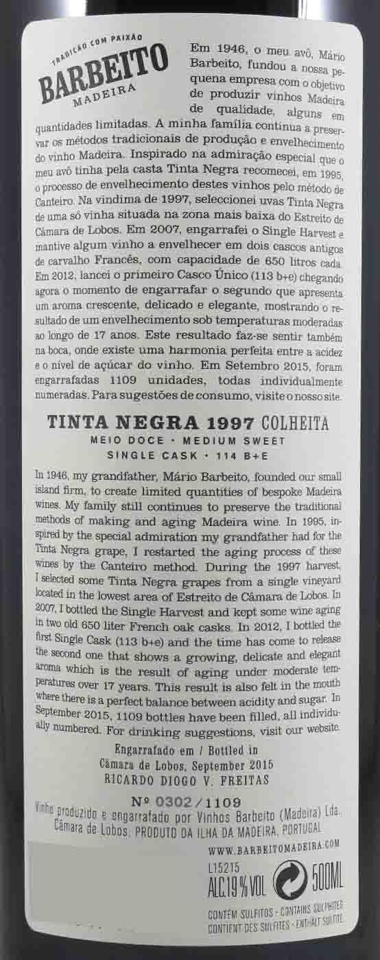 1997 Madeira Barbeito Single Cask 114 B+E Colheita 50cl