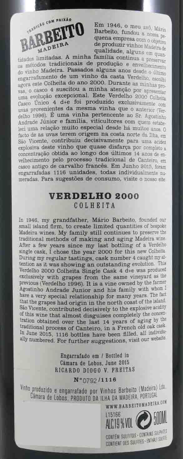 2000 Madeira Barbeito Single Cask 4 D+E Verdelho 50cl