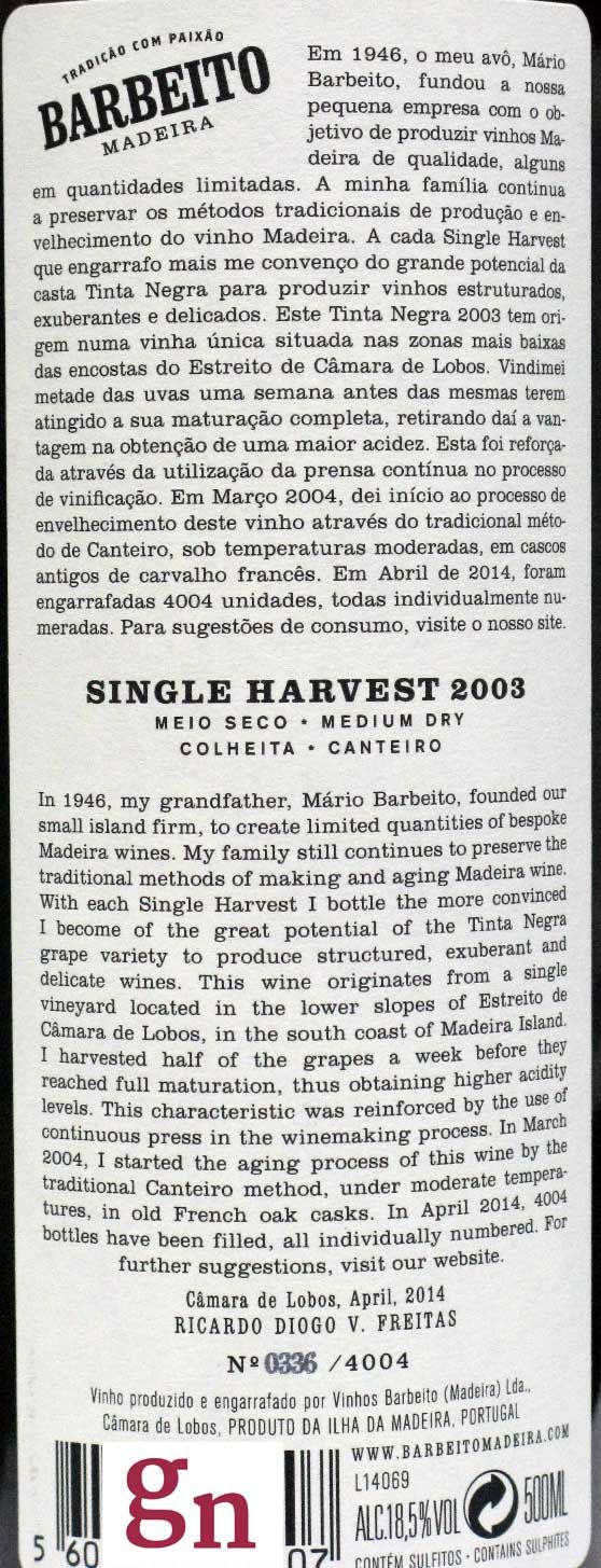2003 Madeira Barbeito Single Harvest 50cl
