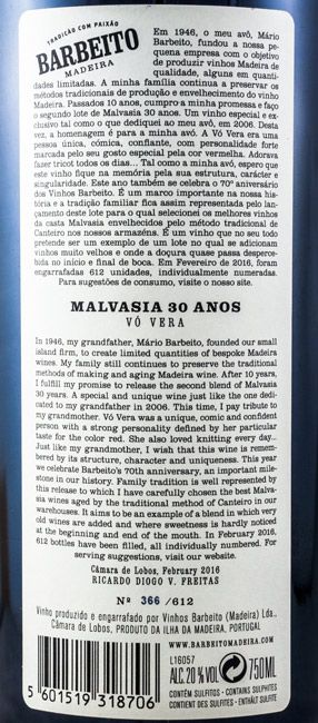 Madeira Barbeito Vó Vera Malvasia 30 anos