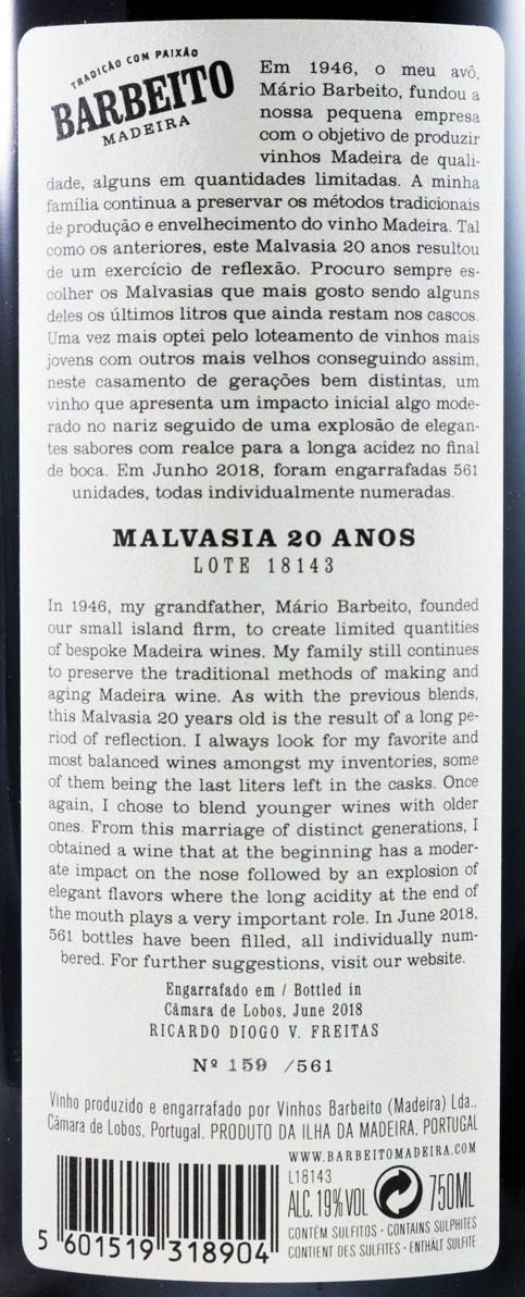 Madeira Barbeito Lote 18143 Malvasia 20 years