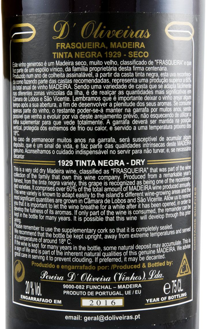 1929 Madeira D'Oliveiras Tinta Negra Seco
