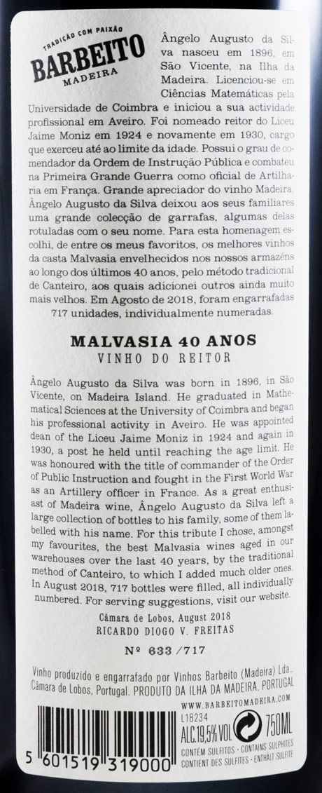 Madeira Barbeito Vinha do Reitor Malvasia 40 years