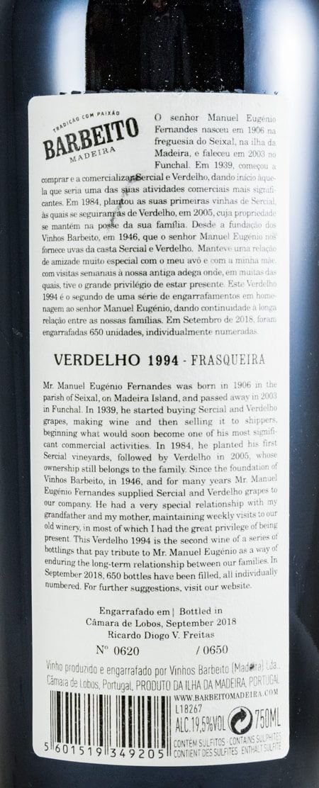 1994 Madeira Barbeito Manuel Eugénio Fernandes Verdelho Frasqueira