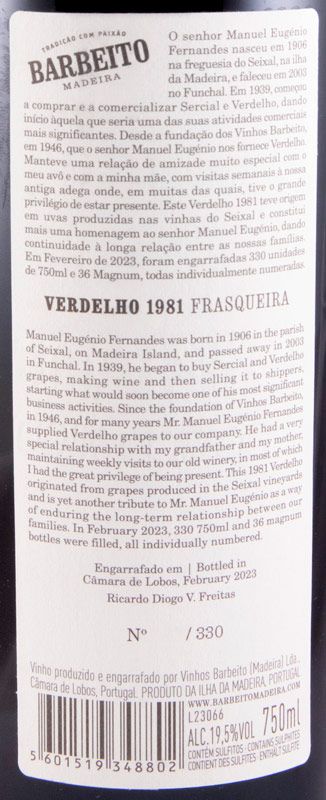 1981 Madeira Barbeito Verdelho Frasqueira