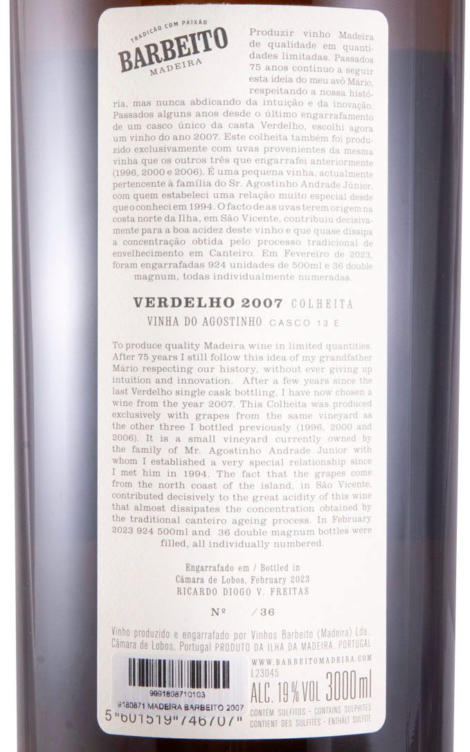 2007 Madeira Barbeito Vinha do Agostinho Verdelho 3L