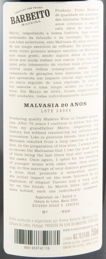 Madeira Barbeito Lote 24064 Malvasia 20 years