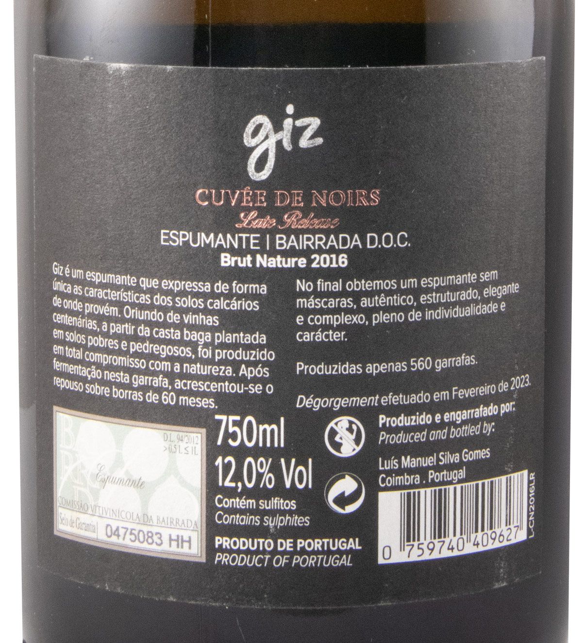 2016 Sparkling Wine Giz by Luís Gomes Cuvée de Noirs Late Release Brut